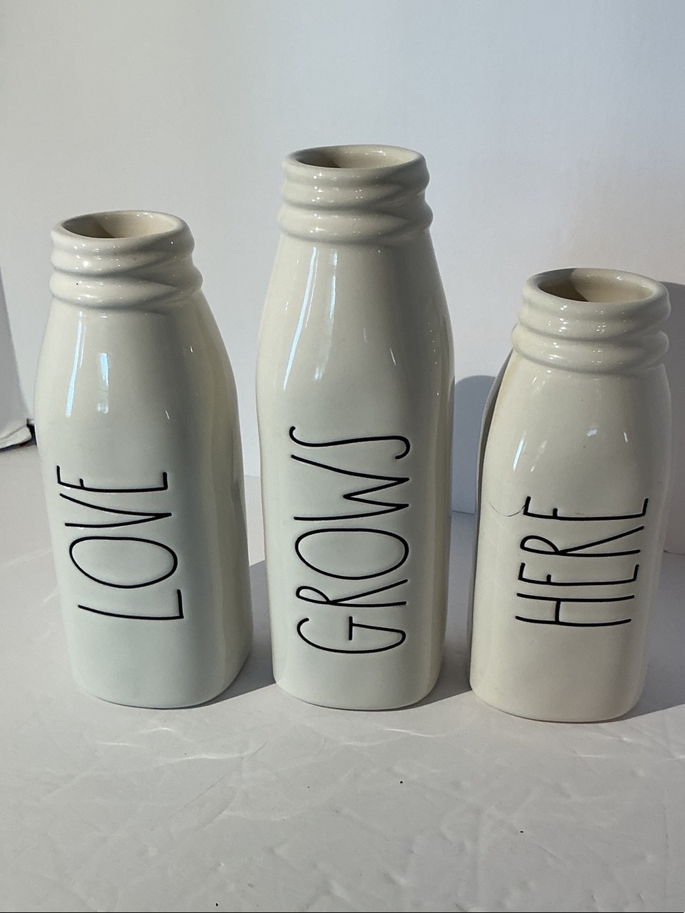 Rae Dunn Cream Ceramic Bottle Vase Set with Black Lettering